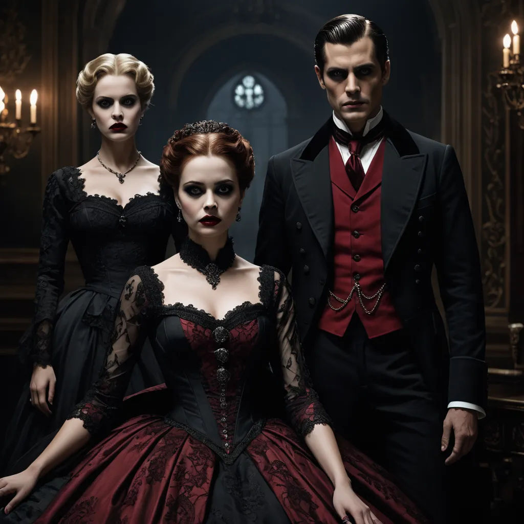 a man and two women in formal wear standing next to each other in a dark room with chandeliers, gothic art, a poster, Dirk Crabeth, promotional image