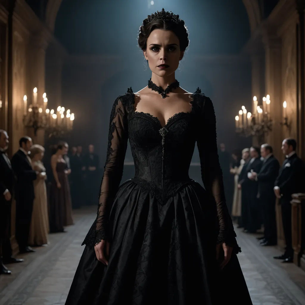 a woman in a black dress standing in a room with people in the background wearing formal clothes and a black necklace, gothic art, a poster, Constance Gordon-Cumming, promotional image