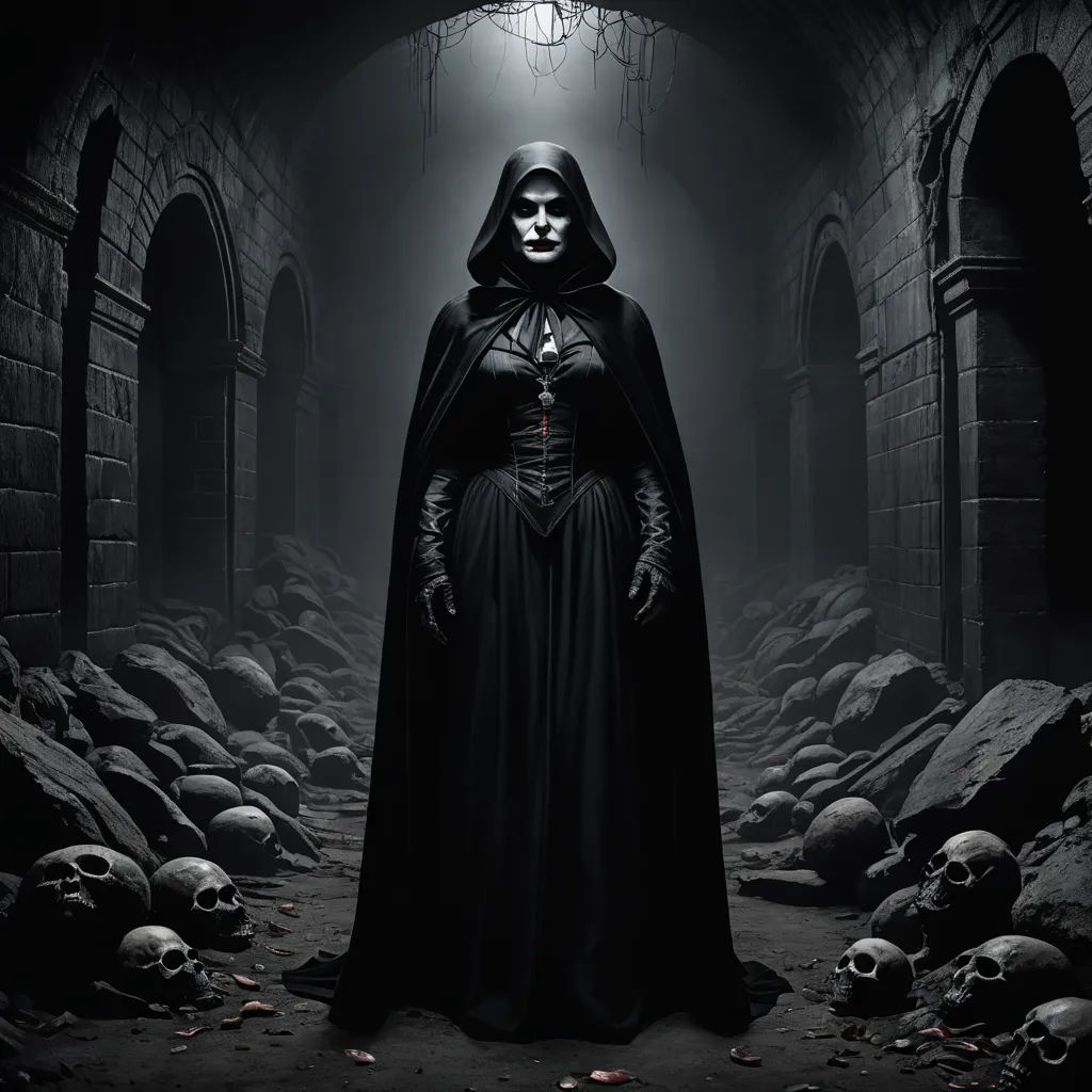 a person in a black robe and a skull in a dark tunnel with skulls on the ground and a light above, gothic art, a detailed matte painting, Anne Stokes, dark fantasy art
