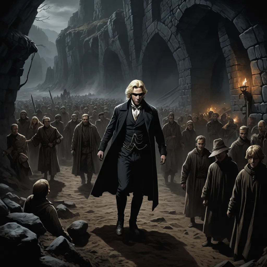 a man in a black coat and a crowd of people in a dark cave with a light on his head, fantasy art, poster art, Dirk Crabeth, key art