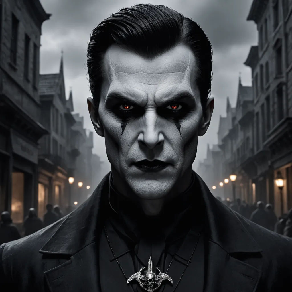 a man in a black suit and red eyes in a dark city street with a creepy look on his face, gothic art, a character portrait, Dirk Crabeth, dark shadows