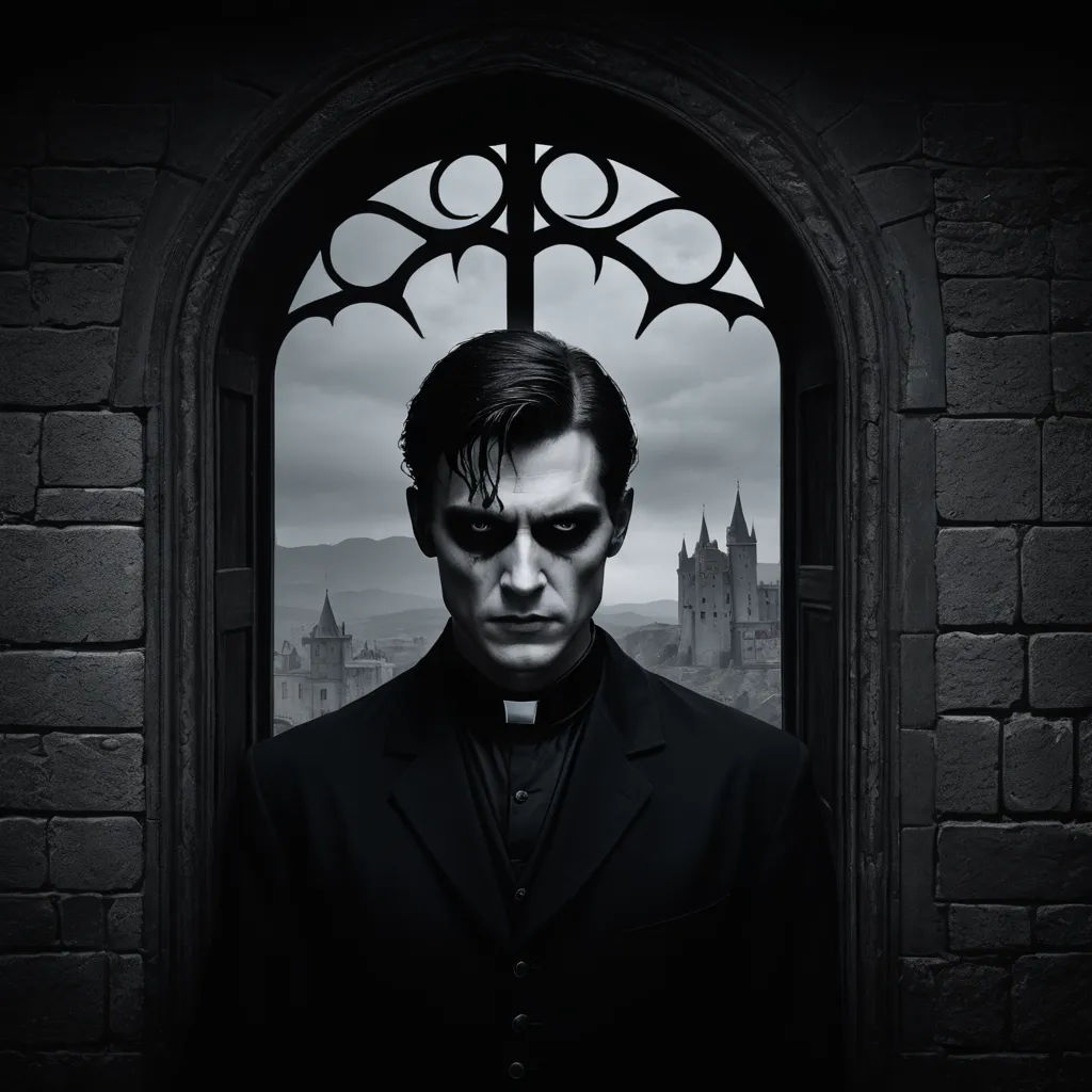 a man in a black suit and a gothic mask standing in front of a gothic window with a gothic castle in the background, gothic art, a character portrait, Dirk Crabeth, promotional image