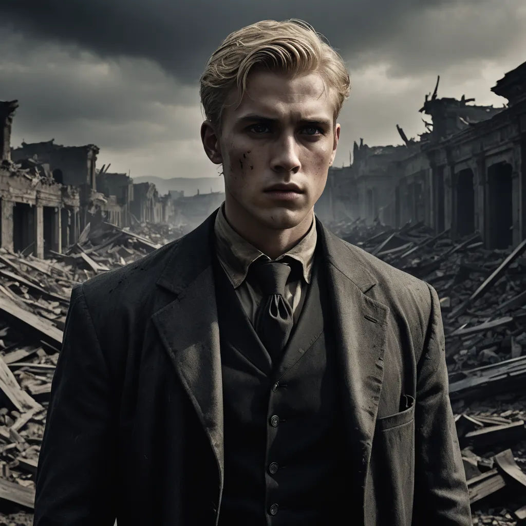 a man in a suit and tie standing in a destroyed building with a dark sky in the background and a building that has been destroyed, aestheticism, a character portrait, Christopher Wood, promotional image