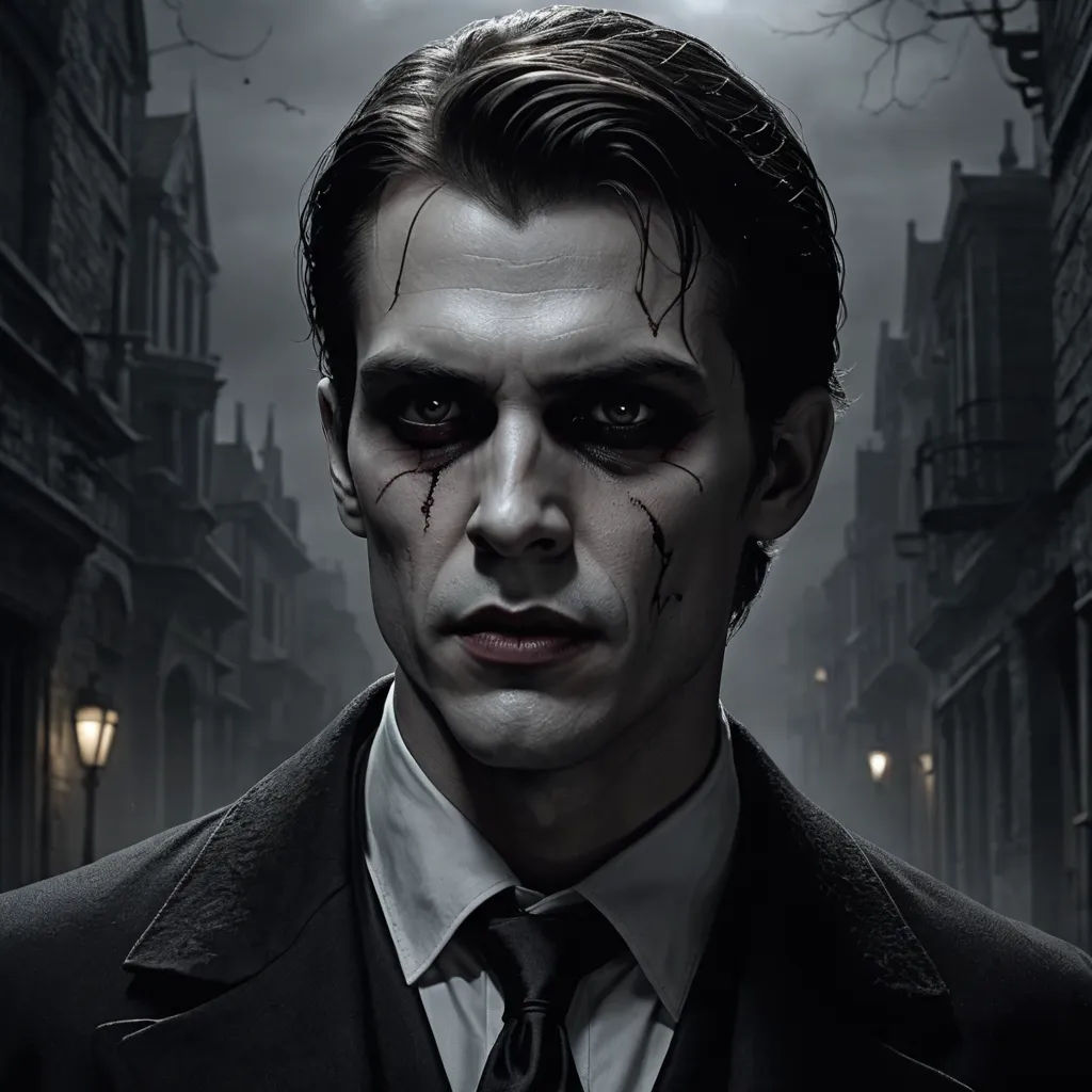 a man in a suit and tie with a creepy face on his face and a creepy looking eye on his face, gothic art, a character portrait, Dirk Crabeth, dark shadows
