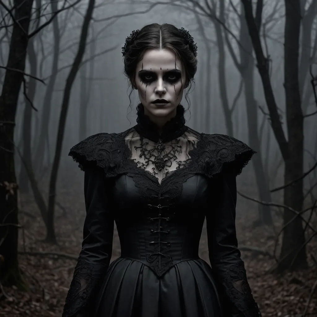 a woman in a black dress with a skeleton face on her face in a forest with trees and leaves, gothic art, a character portrait, Dirk Crabeth, gothic