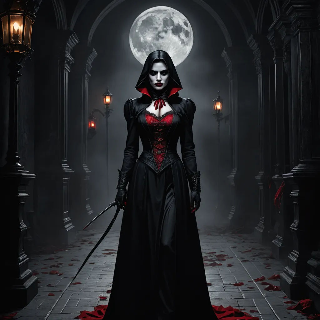 a woman in a long black dress with a red heart on her chest and a sword in her hand, gothic art, a poster, Anne Stokes, gothic