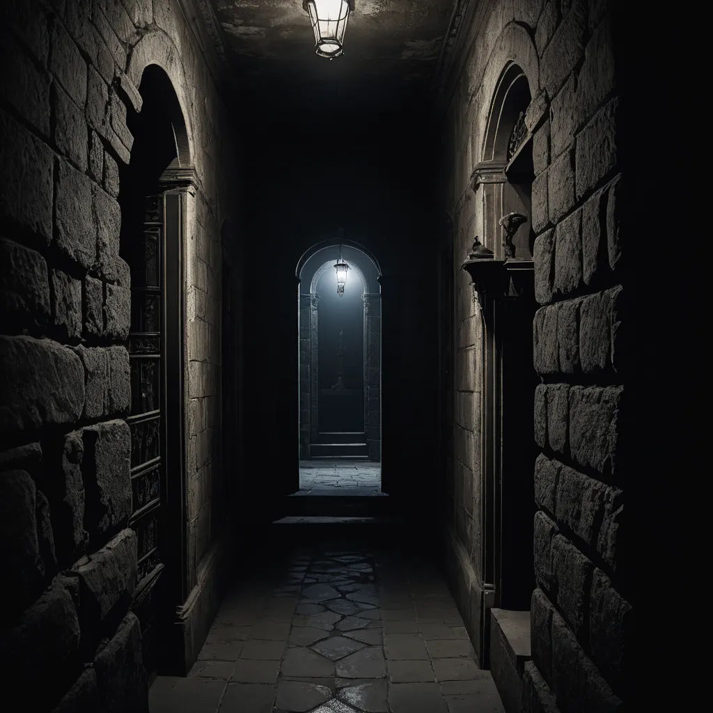 a dark hallway with a light on and a lantern on the ceiling above it, and a stone wall, photorealism, an ambient occlusion render, Dirk Crabeth, dim volumetric lighting
