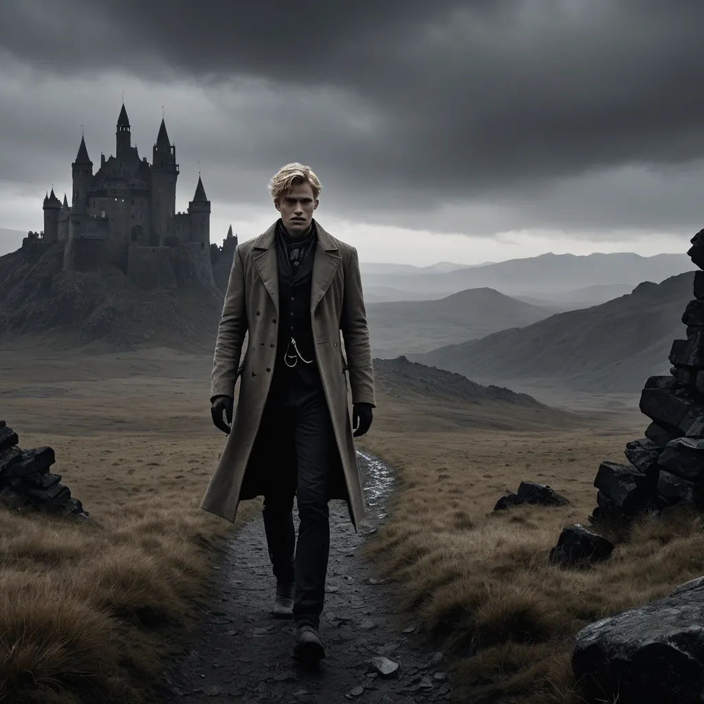 a man in a trench coat walking down a path towards a castle on a hill side with a dark sky in the background, gothic art, a matte painting, Edward Bailey, promotional image