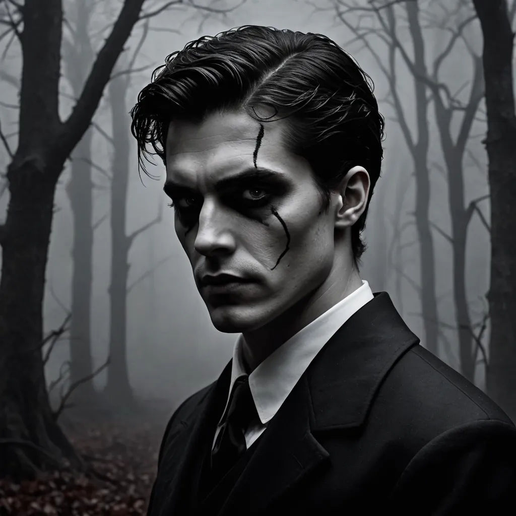 a man with a creepy face in a dark forest with trees and leaves on the ground and a foggy background, gothic art, a character portrait, Dirk Crabeth, dark shadows
