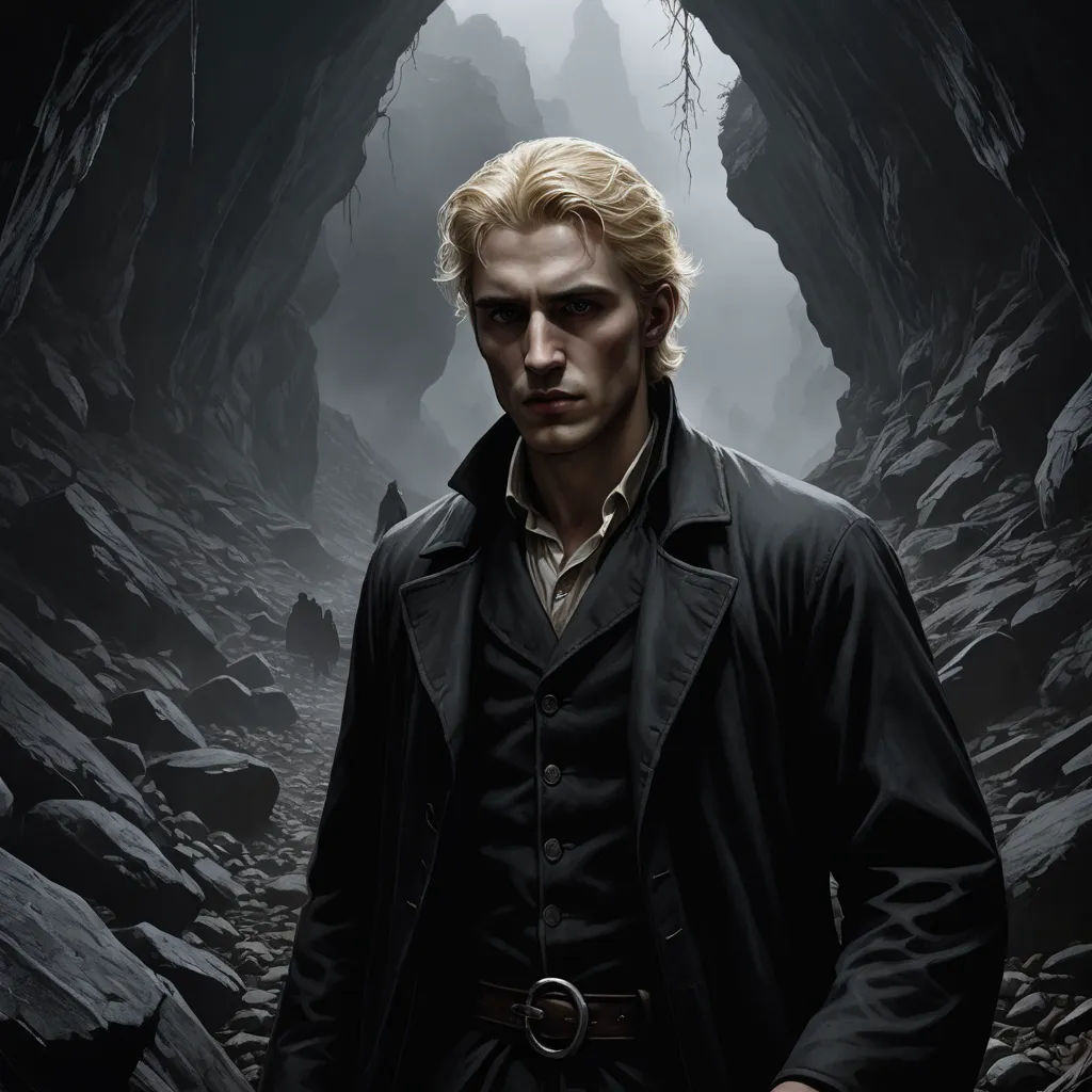 a man in a trench coat standing in a cave with a knife in his hand and a knife in his hand, fantasy art, a character portrait, Dirk Crabeth, official art