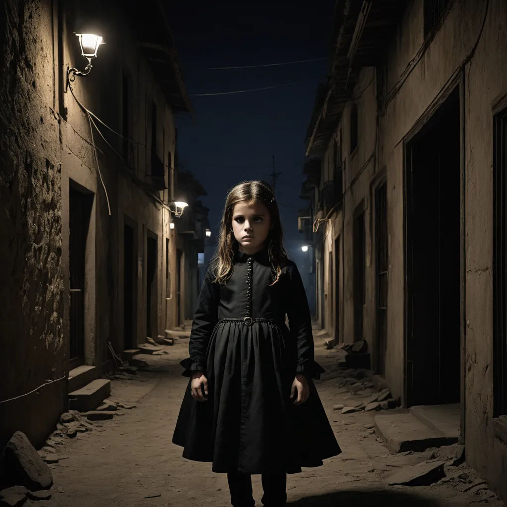 a little girl standing in an alley way at night with a flashlight on her head and a black dress on, art photography, poster art, Clarice Beckett, promotional image
