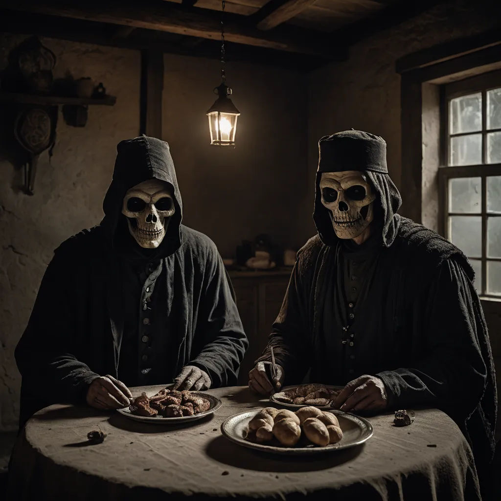 two people in skeleton costumes sitting at a table with food on it and a lantern hanging above them,, antipodeans, an album cover, Dino Valls, promotional image
