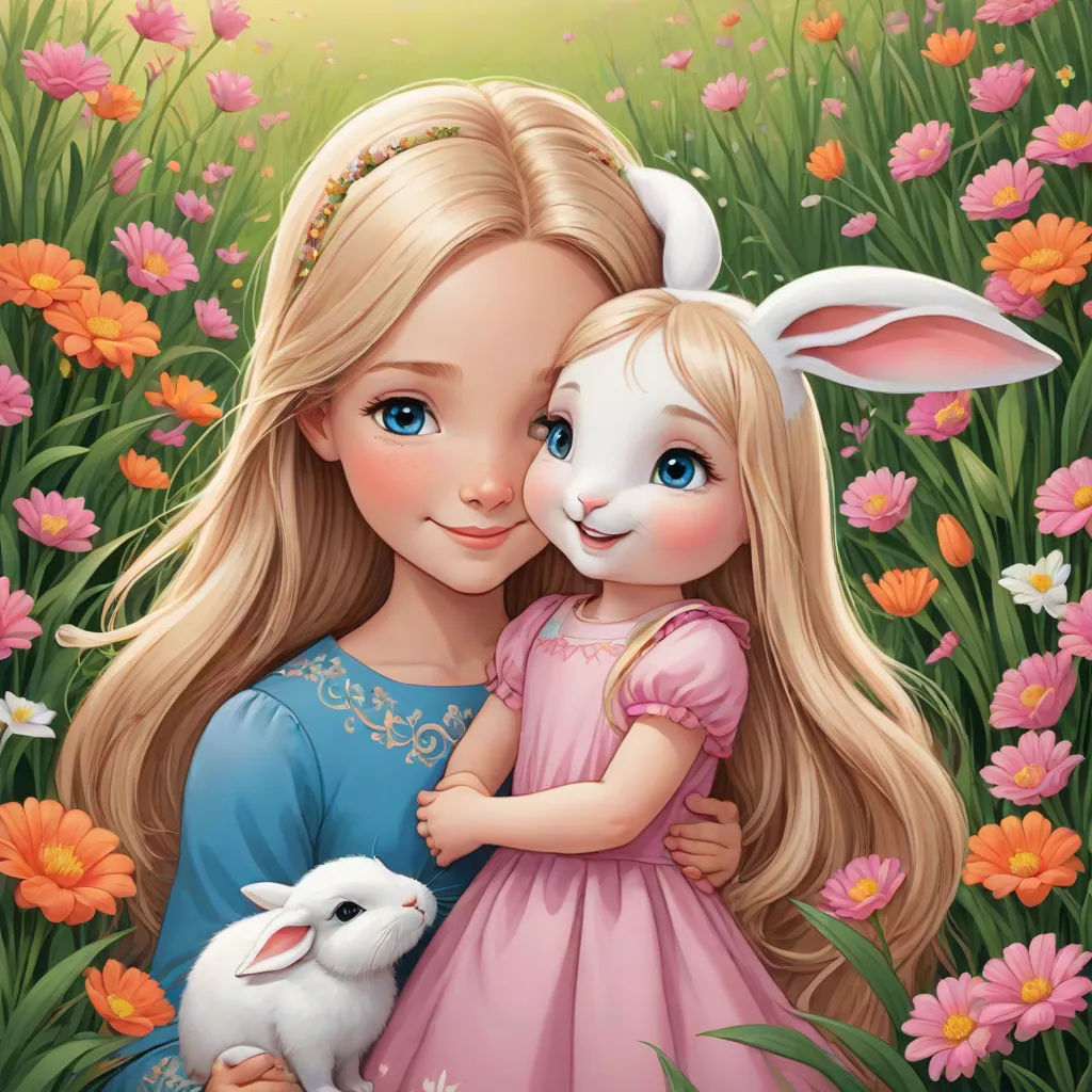 a girl hugging a bunny in a field of flowers with a bunny in her arms and a bunny in her lap, Alice Prin, pop surrealism, a storybook illustration, official art