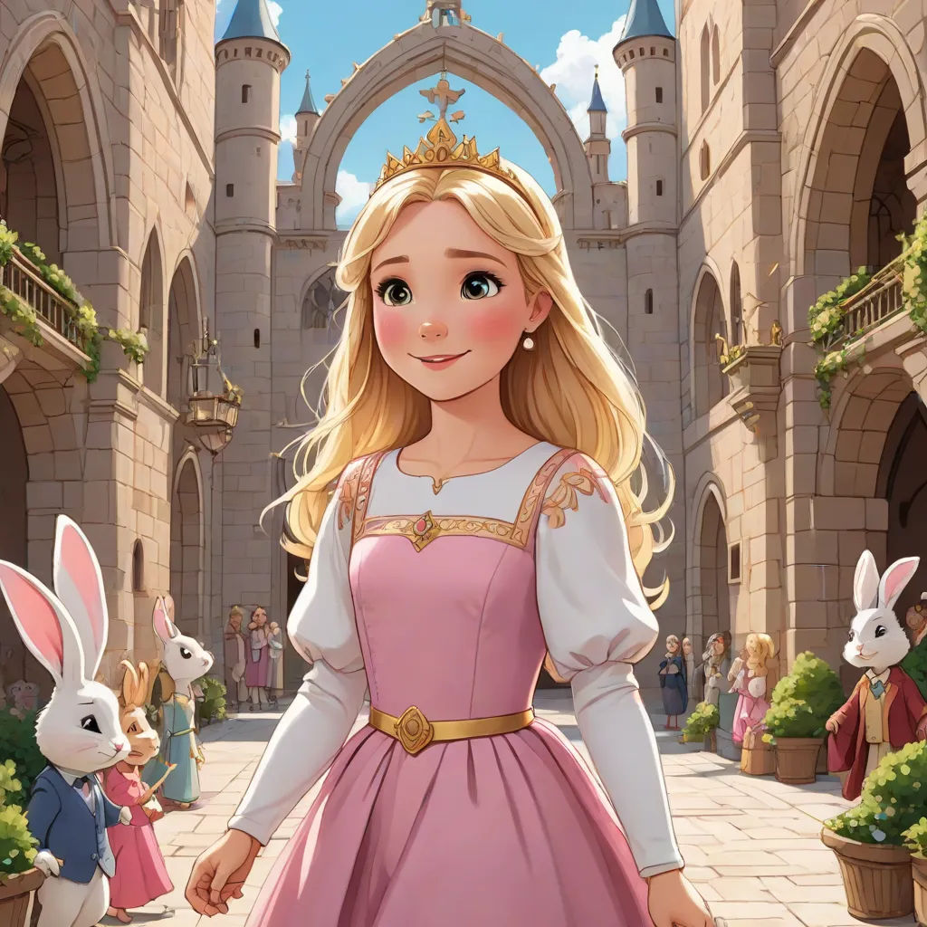 a cartoon of a girl in a pink dress and a white rabbit in a pink dress and a castle, disney, fantasy art, a storybook illustration, official art