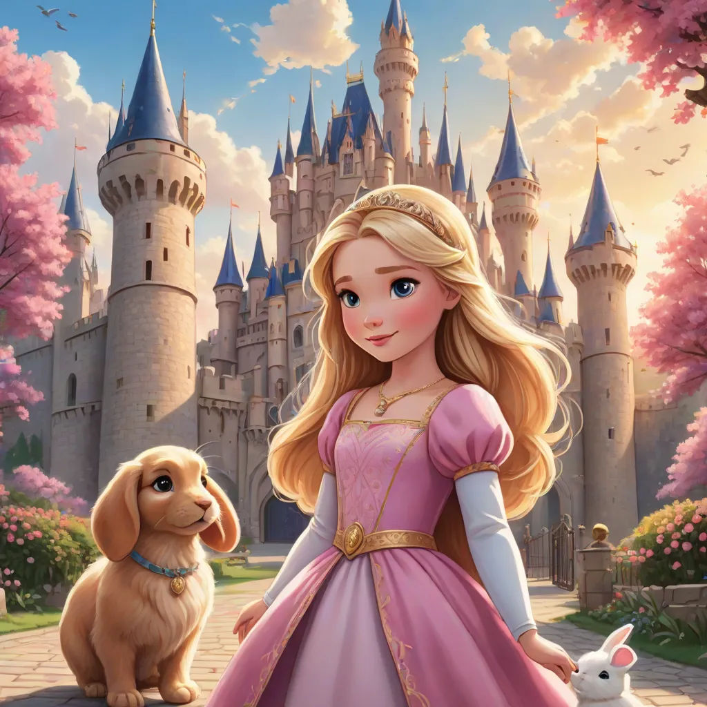a girl in a pink dress standing next to a dog in front of a castle with a pink bunny, disney, magical realism, a storybook illustration, kinkade