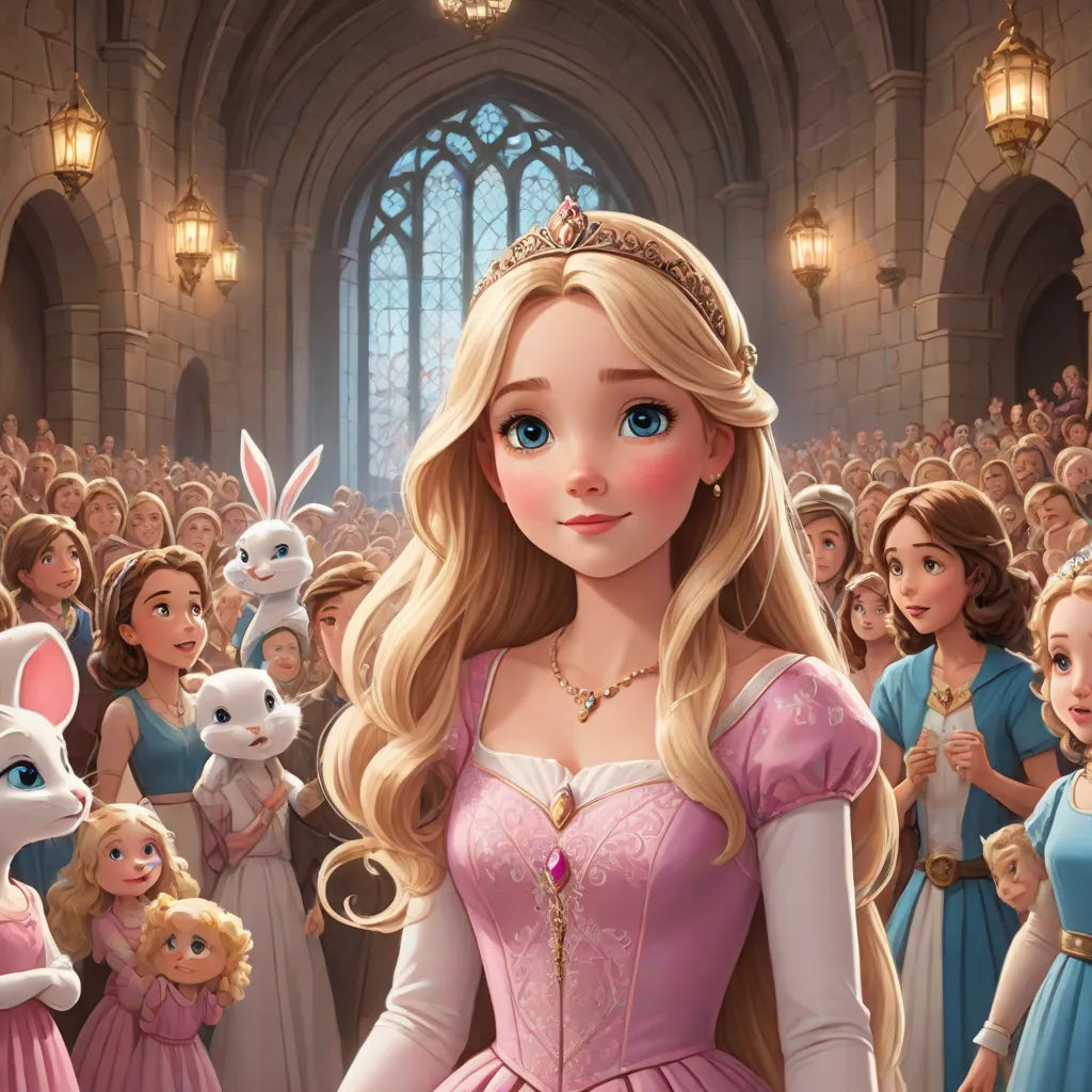 a cartoon of a princess surrounded by other princesses and children in a castle like setting with a rabbit, disney, magical realism, a storybook illustration, official art
