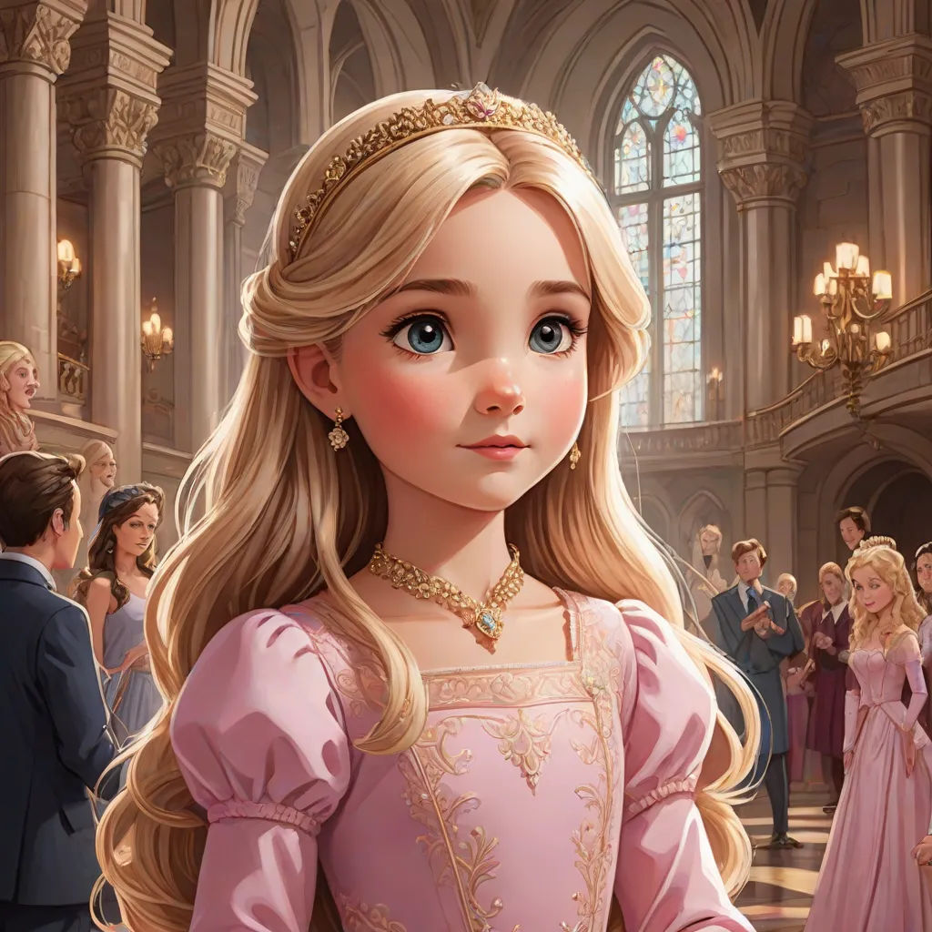 a cartoon of a princess in a pink dress in a hall with other people in the background and a man in a suit, disney, fantasy art, a storybook illustration, official art