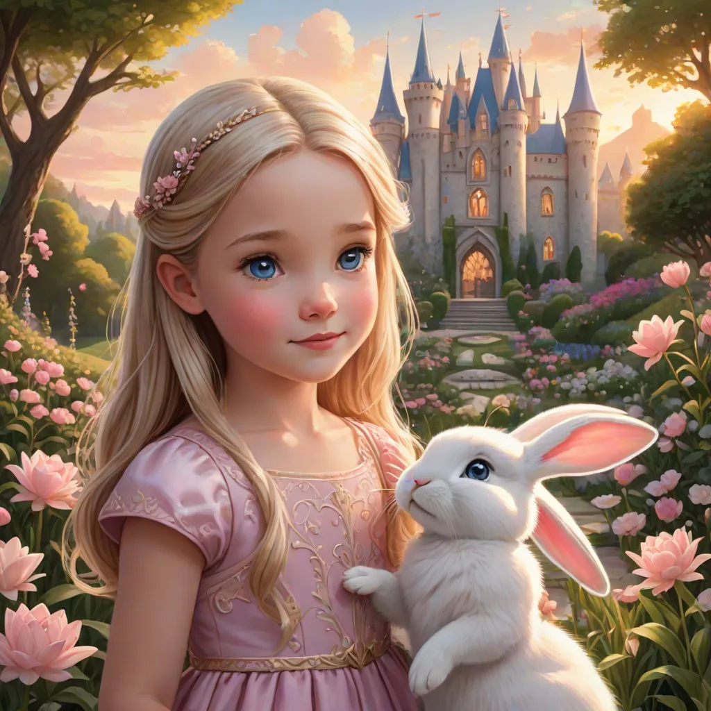 a little girl holding a white bunny in front of a castle with pink flowers and trees in the background, Alice Prin, fantasy art, a storybook illustration, kinkade