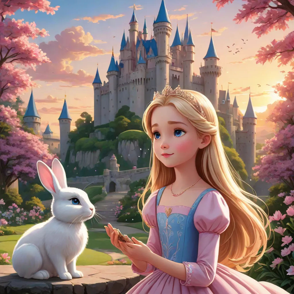 a girl in a pink dress standing next to a white rabbit in front of a castle with pink flowers, disney, magical realism, a storybook illustration, official art