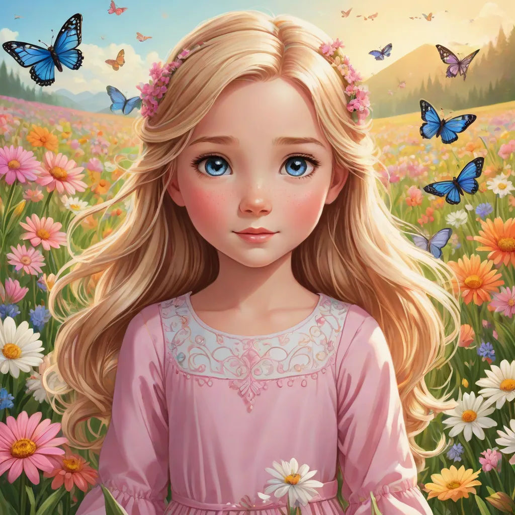 a painting of a girl in a field of flowers with butterflies flying around her head and a mountain in the background, Alice Prin, fantasy art, a storybook illustration, kinkade