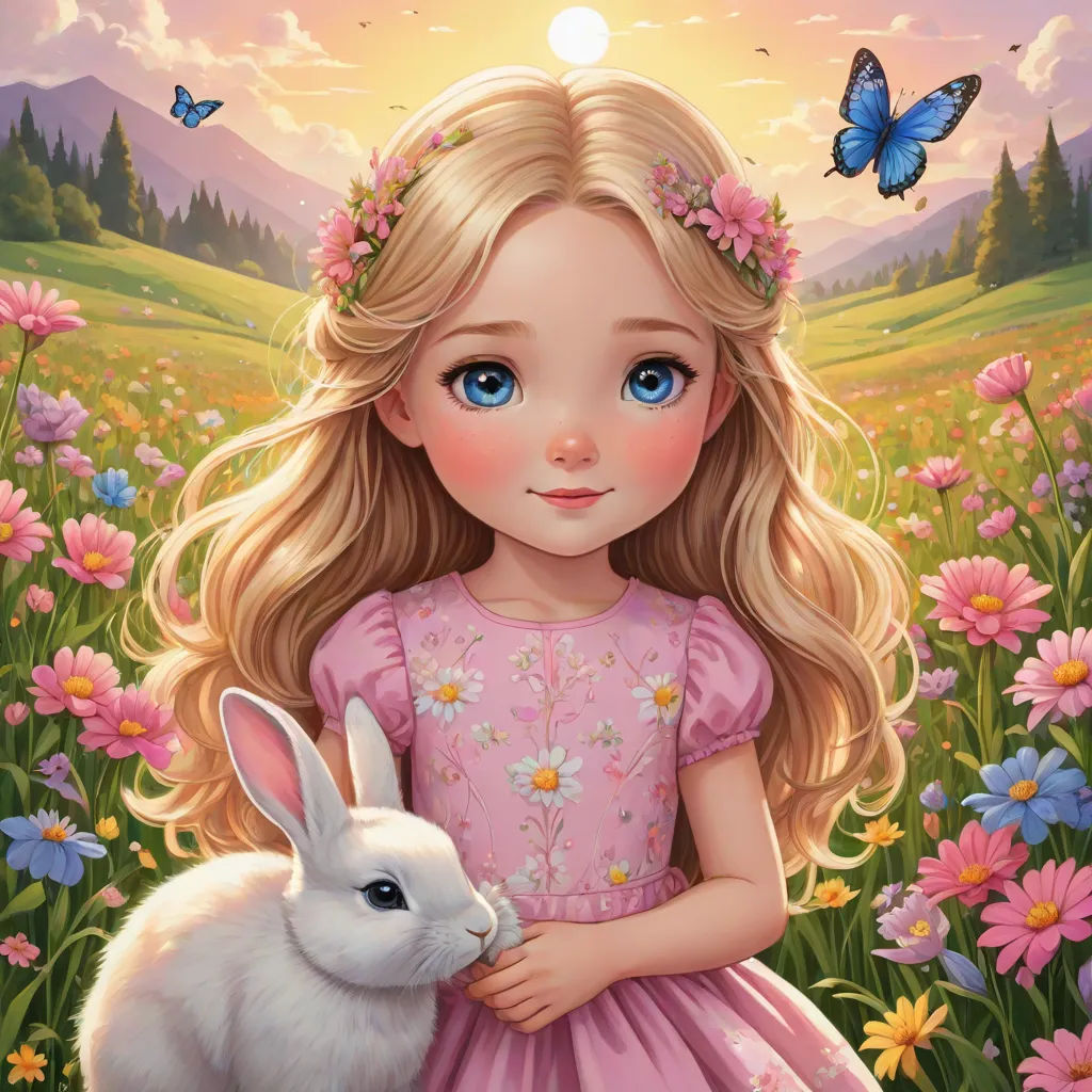 a girl in a pink dress holding a white rabbit in a field of flowers with butterflies flying above her, Alice Prin, fantasy art, a storybook illustration, kinkade