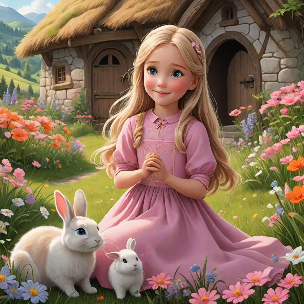 a painting of a girl and two rabbits in a field of flowers and a house with a thatched roof, Alice Prin, gothic art, a storybook illustration, official art