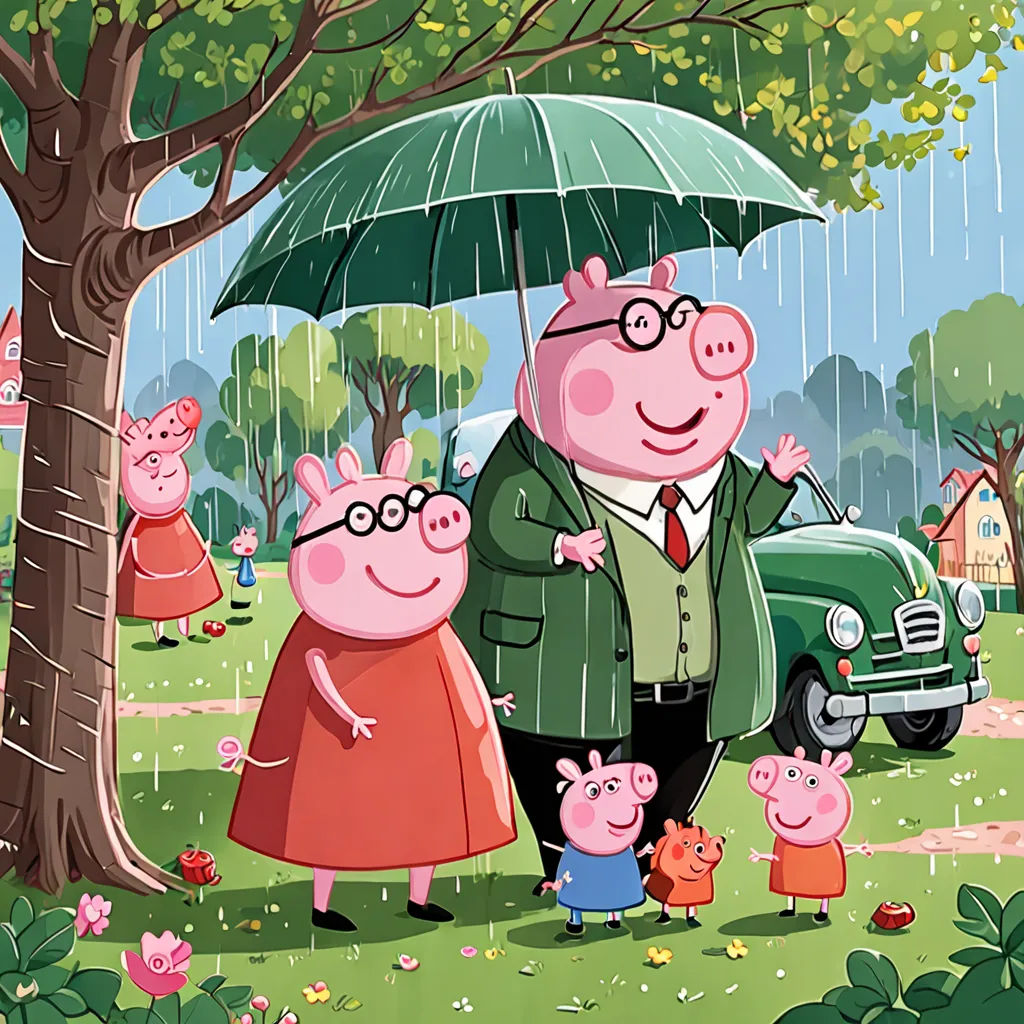 a man and two pigs are under an umbrella in the rain with a green car and a green car, sots art, a storybook illustration, Diego Gisbert Llorens, official art