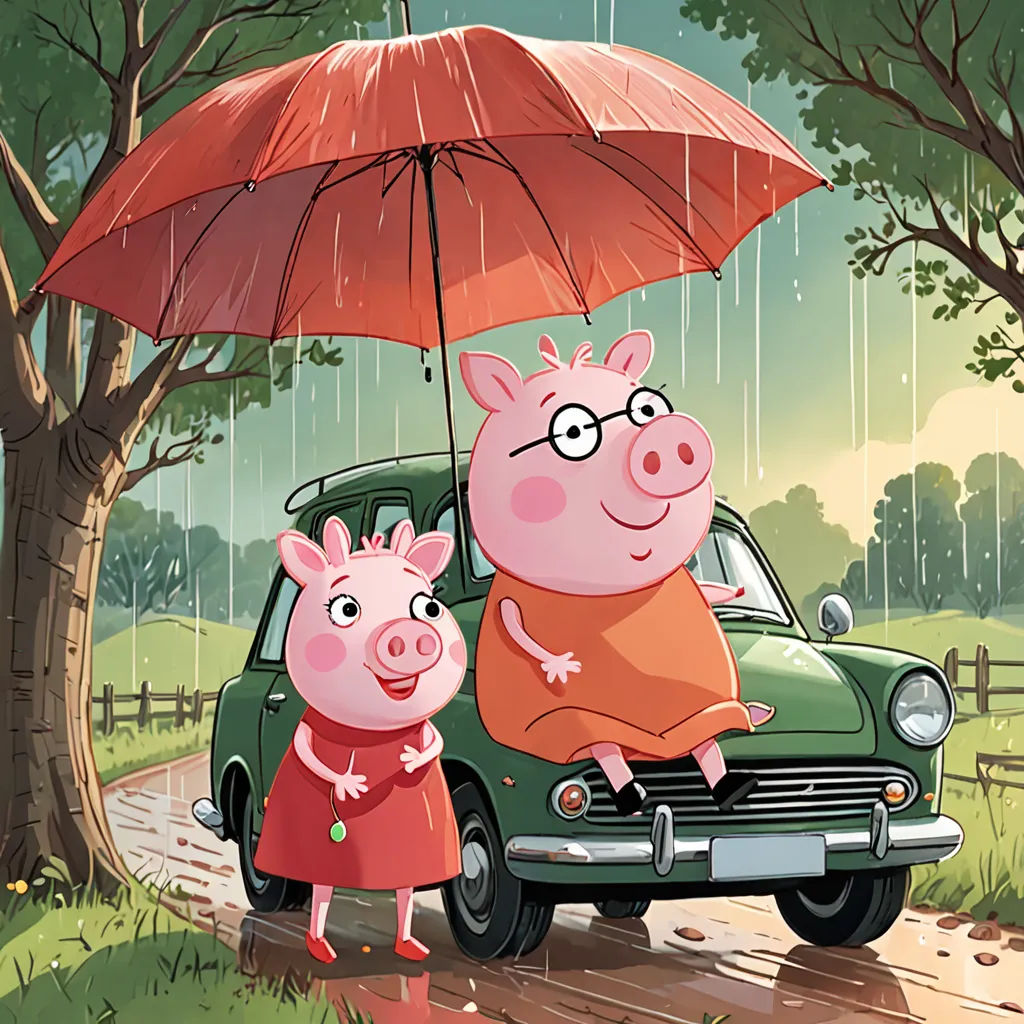 a pig and a piggy are standing under an umbrella in the rain by a car in the rain, fantastic realism, a storybook illustration, Diego Gisbert Llorens, promotional image
