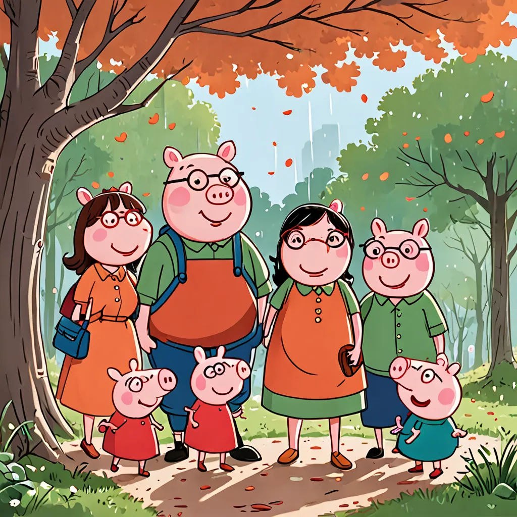 a family of five standing in a park with trees and leaves in the background, with a pig in the foreground, sots art, a storybook illustration, Avgust Černigoj, promotional image