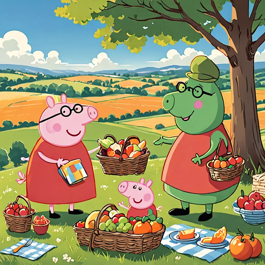 a cartoon of a pig and piggy with a picnic scene in the background, and a pig holding a book, plein air, a storybook illustration, Andries Stock, promotional image