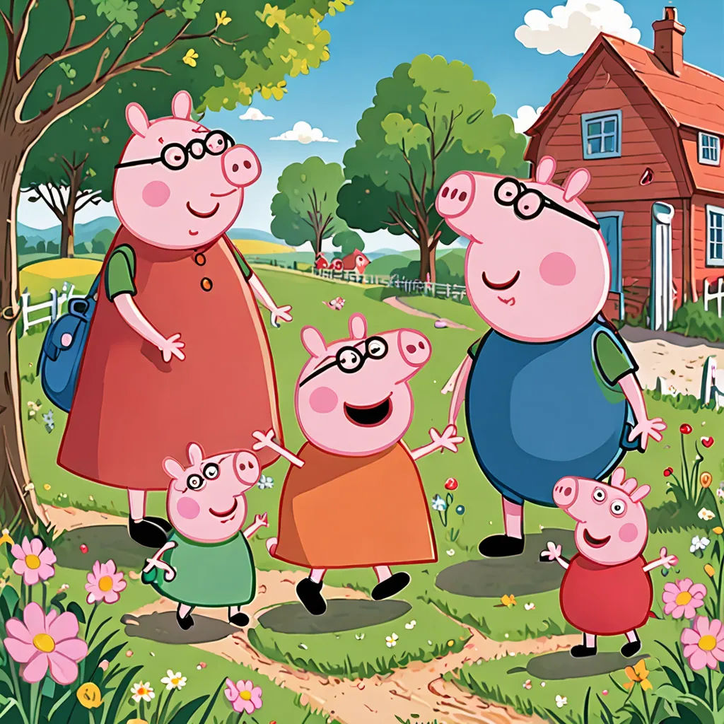 a family of pigs standing in a field with a house in the background and a pig in the foreground, sots art, a storybook illustration, Avgust Černigoj, promotional image