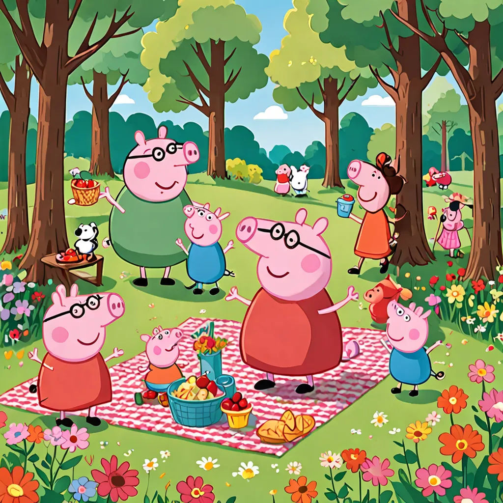 a group of peppo pig characters are having a picnic in the park with friends and family members in the background, figurativism, a storybook illustration, Beatrix Potter, promotional image