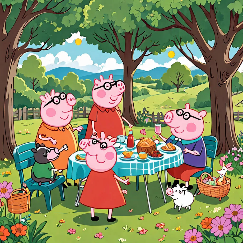 a family of pigs sitting at a table in the park eating food and drinking wine together, with a dog standing nearby, primitivism, a storybook illustration, Avgust Černigoj, promotional image