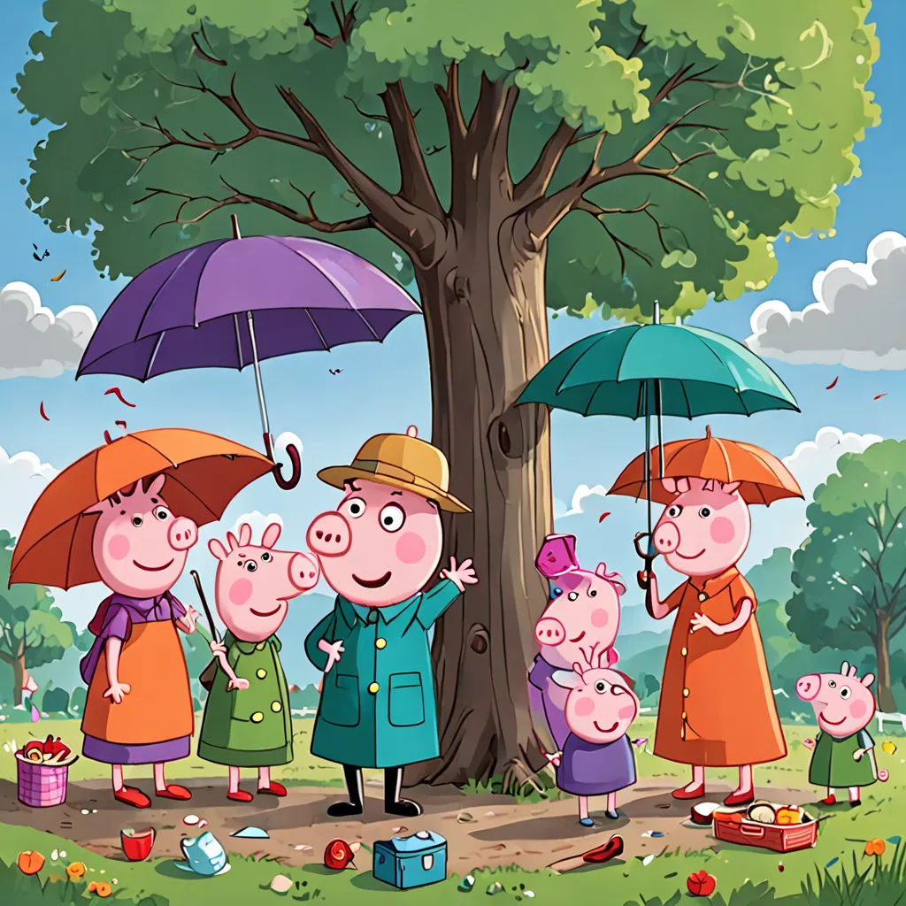 a group of pigs standing under a tree with umbrellas in a park with a man and two women, sots art, a storybook illustration, David Brewster, promotional image