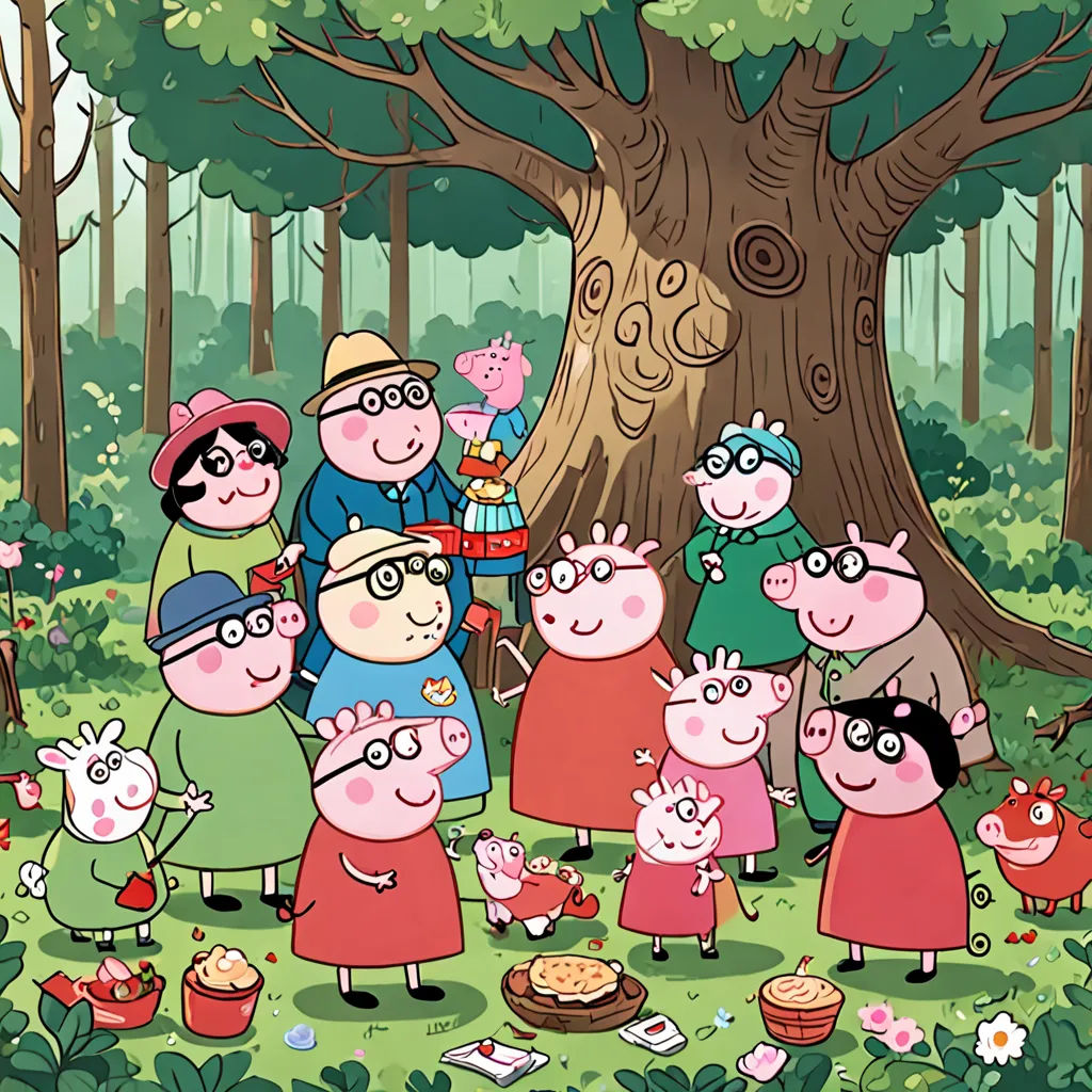 a group of peppo pig characters standing in the woods with a tree in the background and a man in the middle of the picture, primitivism, a storybook illustration, David Park, promotional image