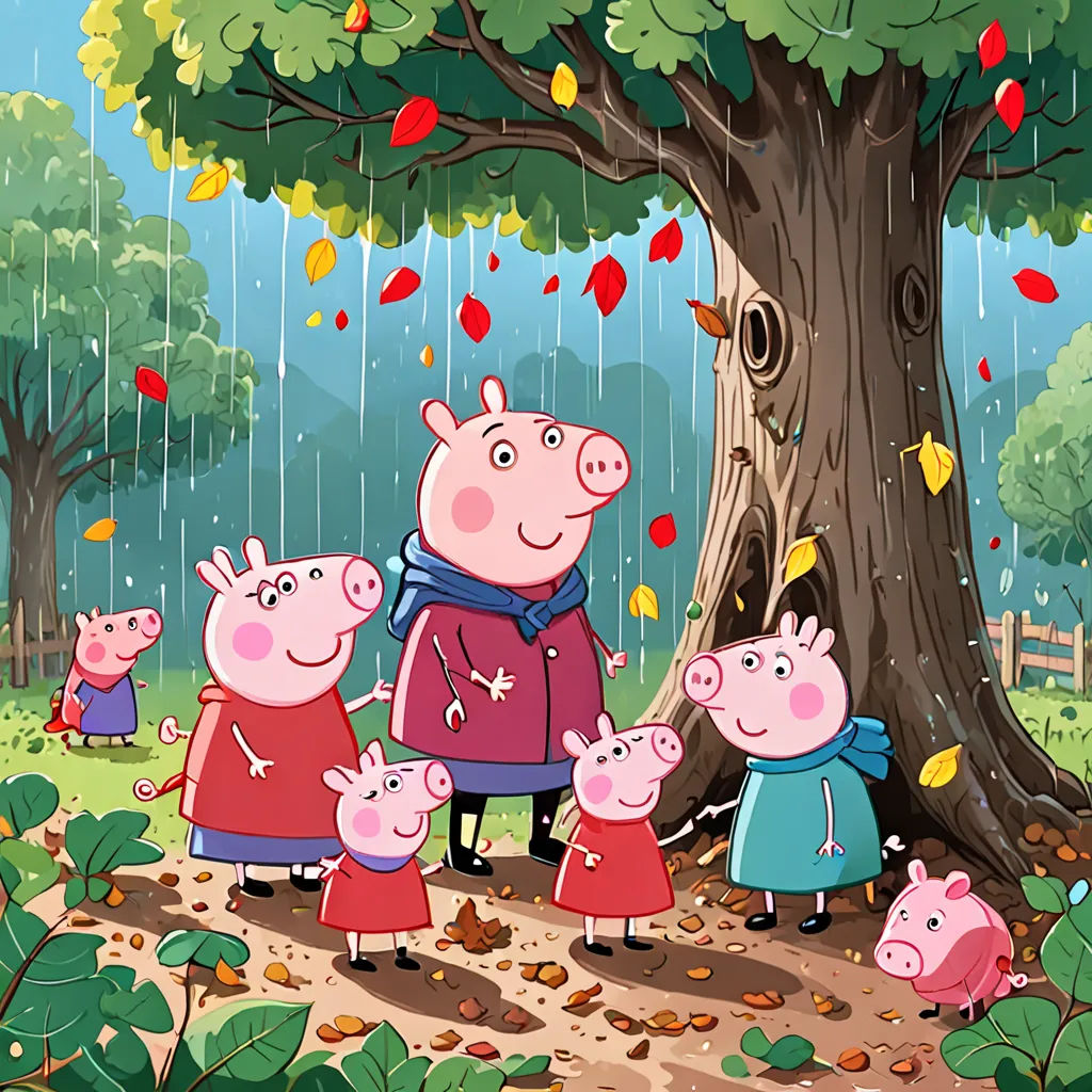 a group of pigs standing under a tree in the rain with a man and two women standing next to them, sots art, a storybook illustration, Christabel Dennison, promotional image