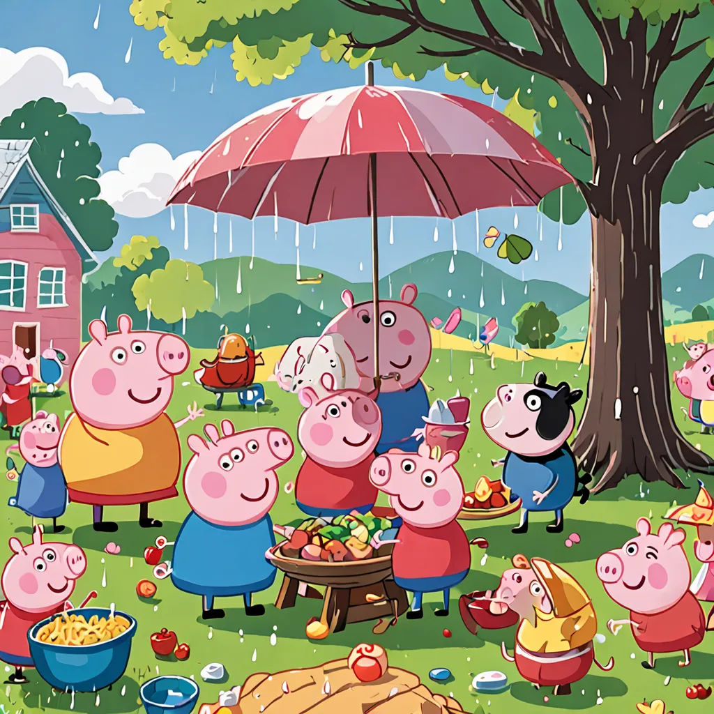 a group of peppa pig characters standing in the grass with a pink umbrella over them and a picnic table with food, sots art, a storybook illustration, Diego Gisbert Llorens, official art
