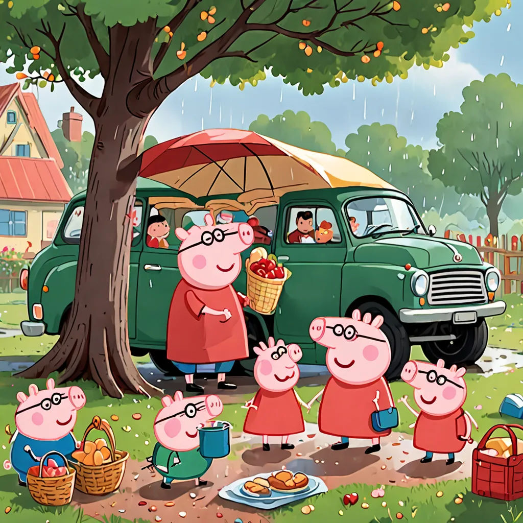 a family of pigs standing in front of a green truck with an umbrella over it and a picnic table, plein air, a storybook illustration, Diego Gisbert Llorens, promotional image