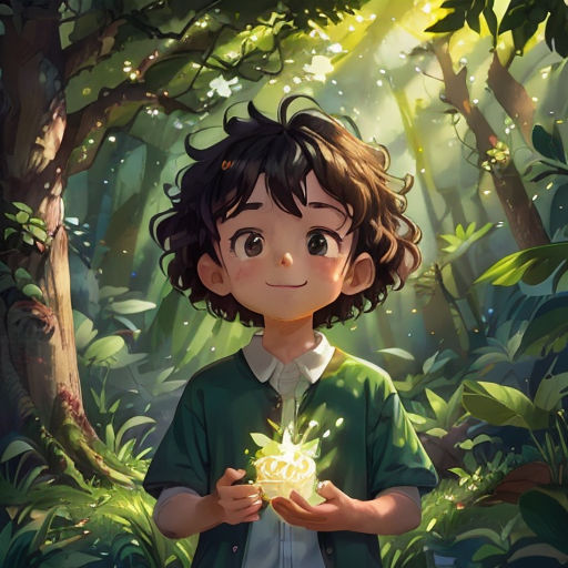 a boy holding a light in a forest with trees and plants around him, with a smile on his face