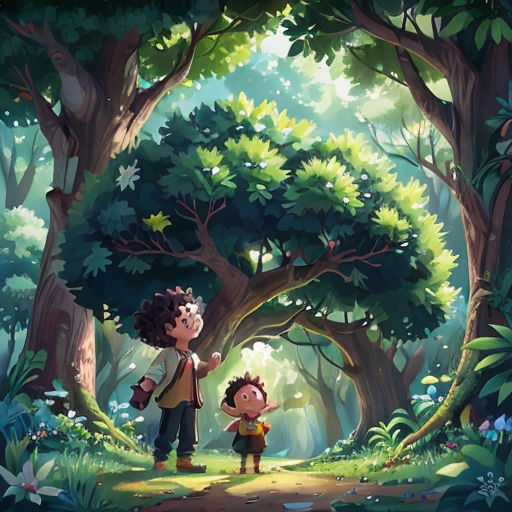 a boy and a girl standing in the middle of a forest with trees and plants on either side of them