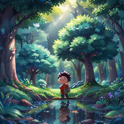a boy standing in the middle of a forest with a pond in front of him and a forest with trees and plants