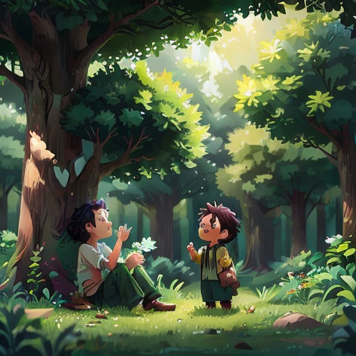 two children sitting in the woods talking to each other and a bear standing behind them in the background of the picture