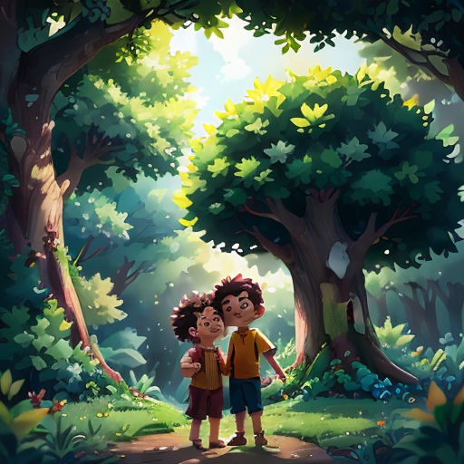 two children standing in the middle of a forest with trees and grass on either side of them, looking at the camera