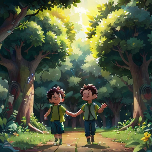 two children walking down a path in the woods with trees and flowers on either side of them, holding hands