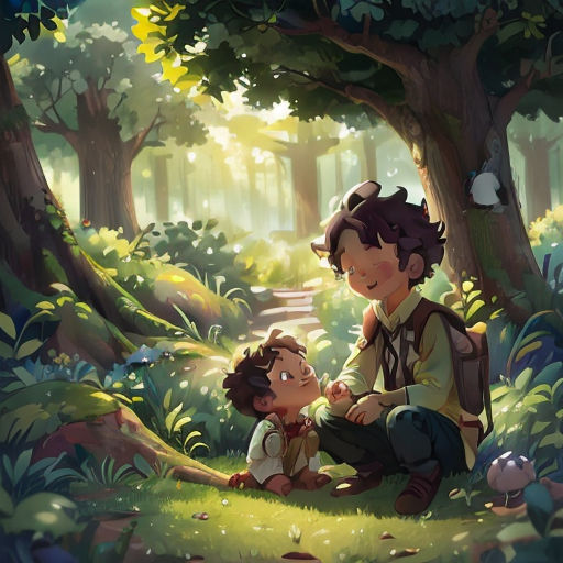 a boy and a boy are sitting in the woods together, looking at something in the distance, with a forest in the background
