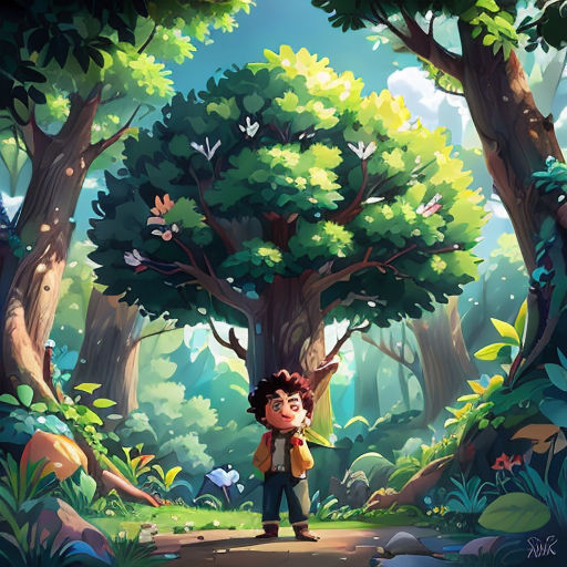 a boy standing in the middle of a forest with a tree in the background and a butterfly flying above him