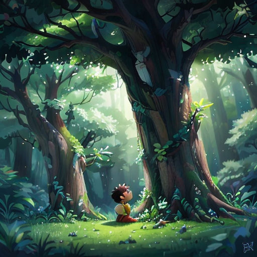 a boy sitting in the middle of a forest with a tree in the background and a forest with a lot of trees