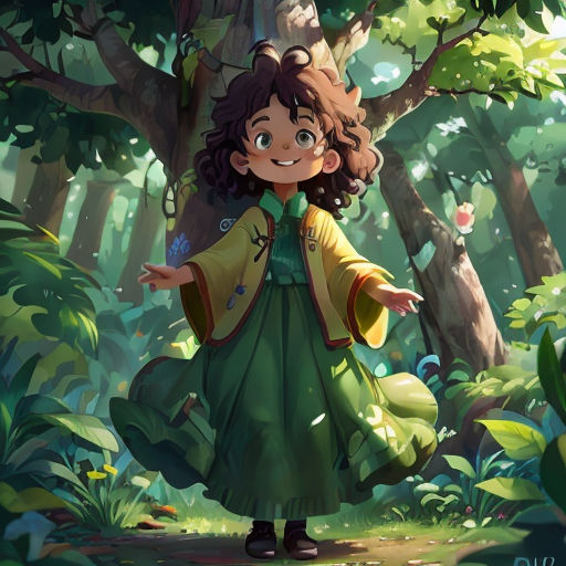 a girl in a green dress standing in the woods with her arms out and a bird on her shoulder