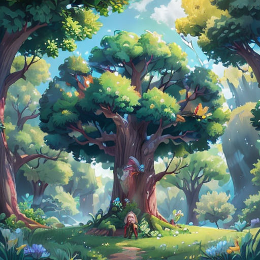 a painting of a forest with a path leading to a tree house and a forest with a lot of trees