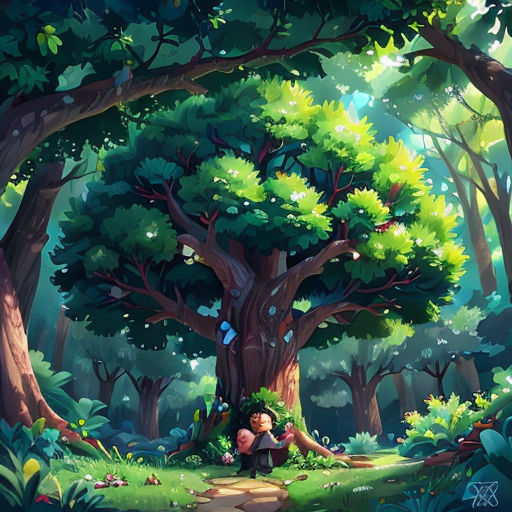 a painting of a forest with a tree and a person sitting on the ground in the middle of the forest